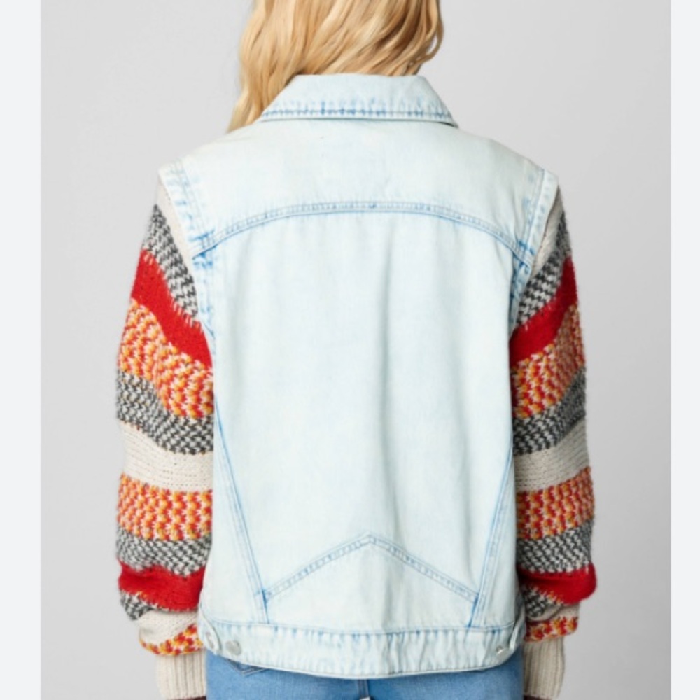 NEW Blank NYC Colorblock Stripe Sweater Sleeve Denim Trucker Jacket Acid Wash M - Picture 3 of 15
